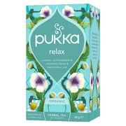 Blue paper box of Pukka's organic Relax tea with floral designs