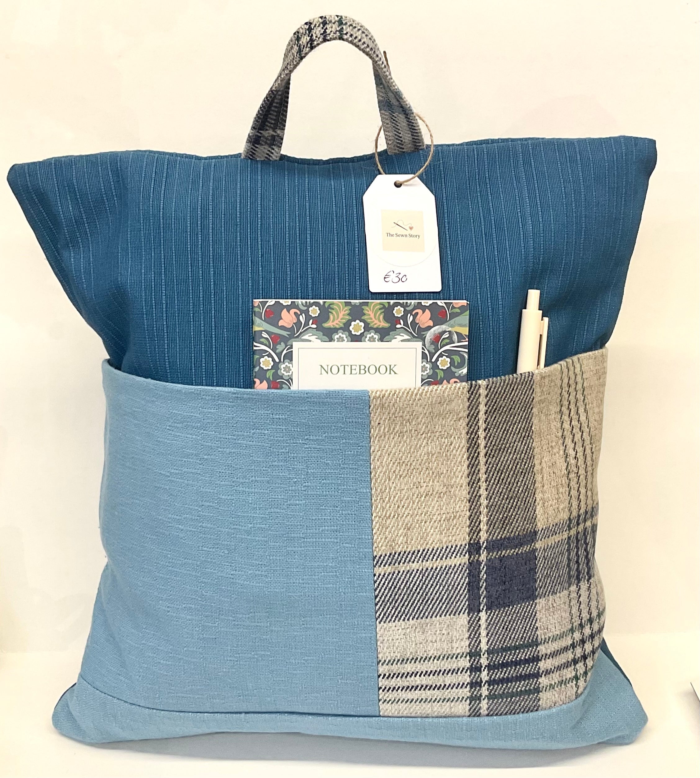 The Sewn Story - Children's Reading Cushion (Duck Feather Stuffing) - Blue & Check Fabric