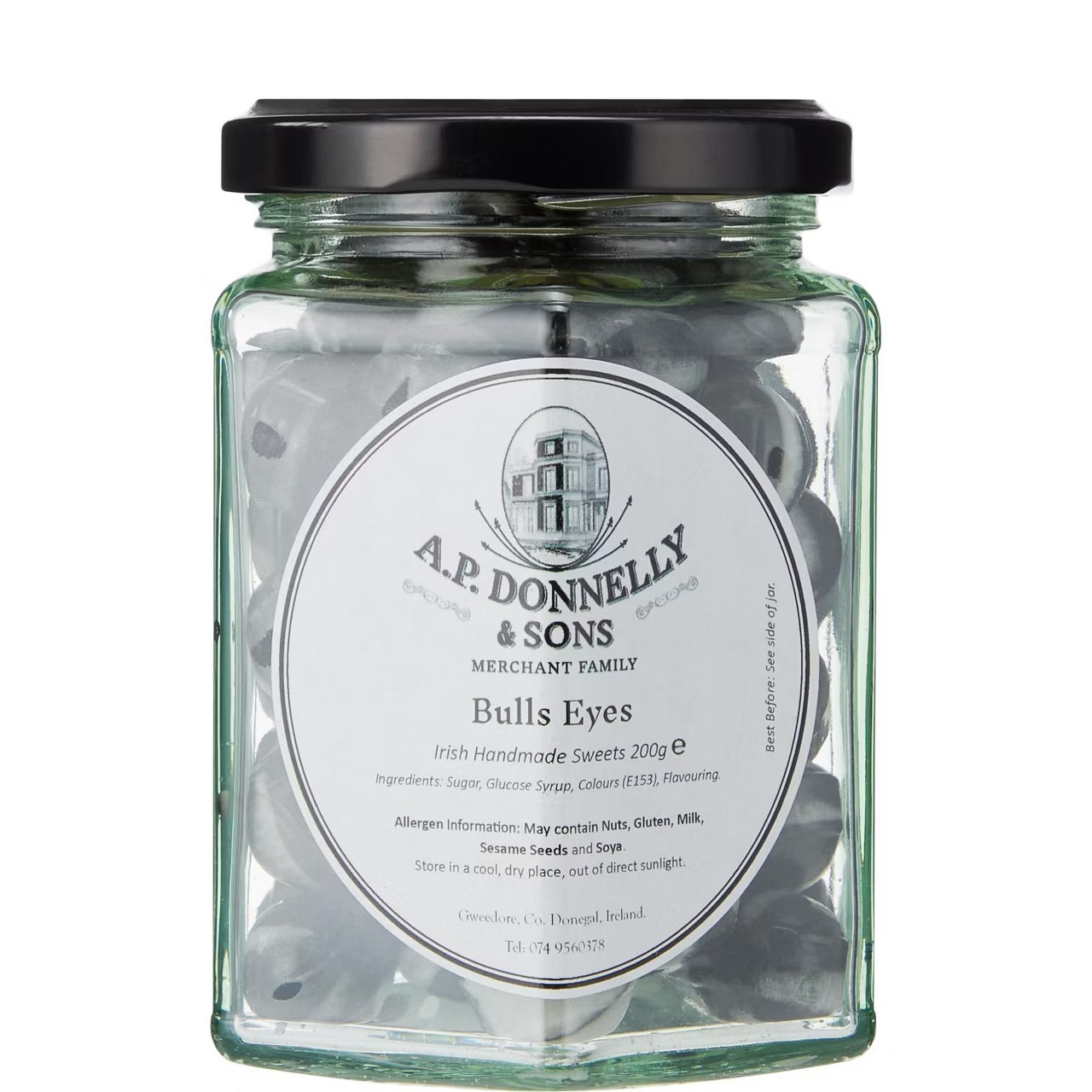 Jar of A.P. Donnelly & Sons Bulls Eyes Irish Handmade Sweets on a white background