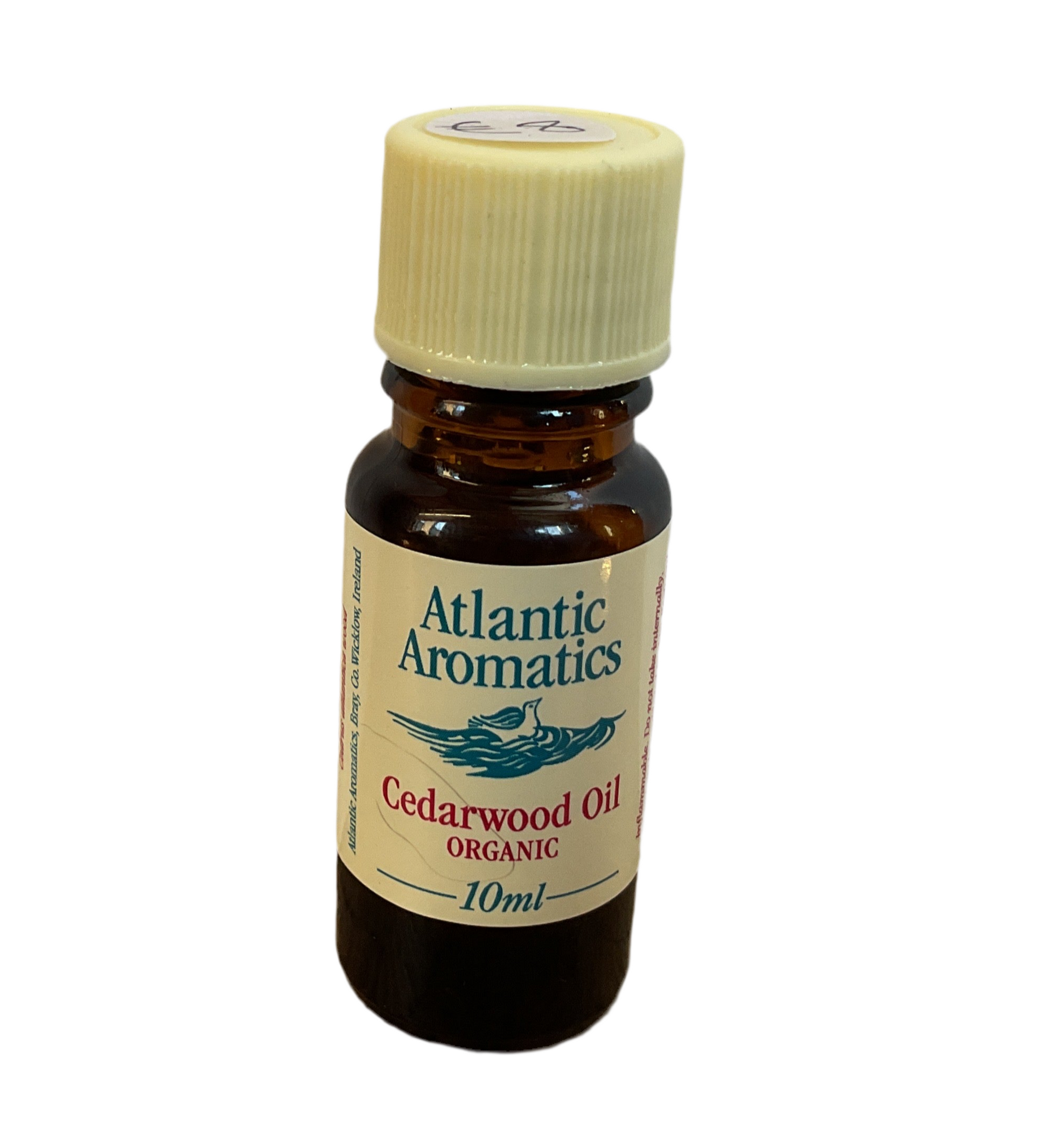 Bottle of Atlantic Aromatics Cedarwood Oil on a white background