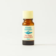 A 10ml amber glass bottle of Atlantic Aromas May Chang Summer Blend essential oil with a pale yellow cap and cream label, set against a plain white background.
