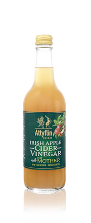 Bottle of Atteflin Irish Apple Cider Vinegar with Mother on a white background