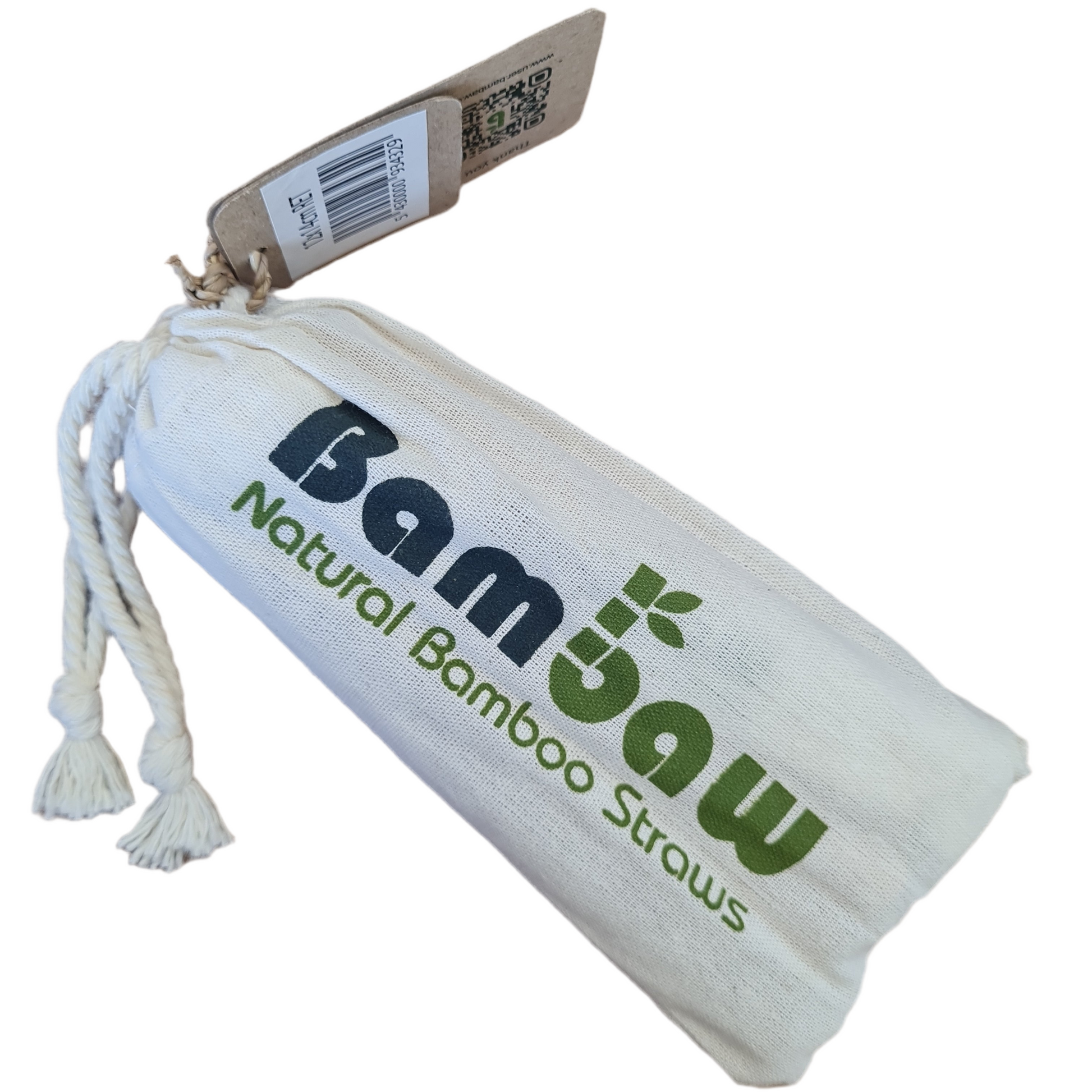 A bundle of natural bamboo straws packaged in a white drawstring bag with the brand name 'BamJaw' printed on it.