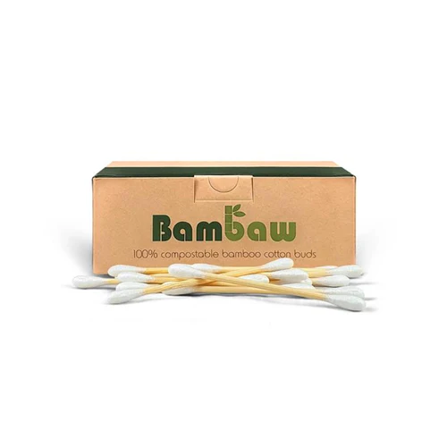 Bamboo cotton buds with a cardboard box labeled 'Bambaw' on a white background