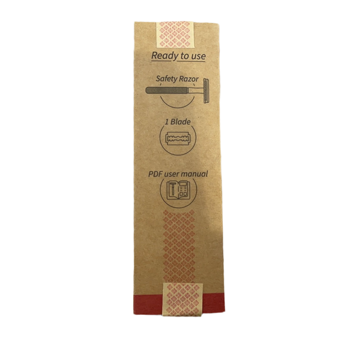 Kraft paper packaging for a safety razor with text and graphics on a white background