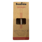 Bambaw safety razor packaging with rose gold razor visible through window