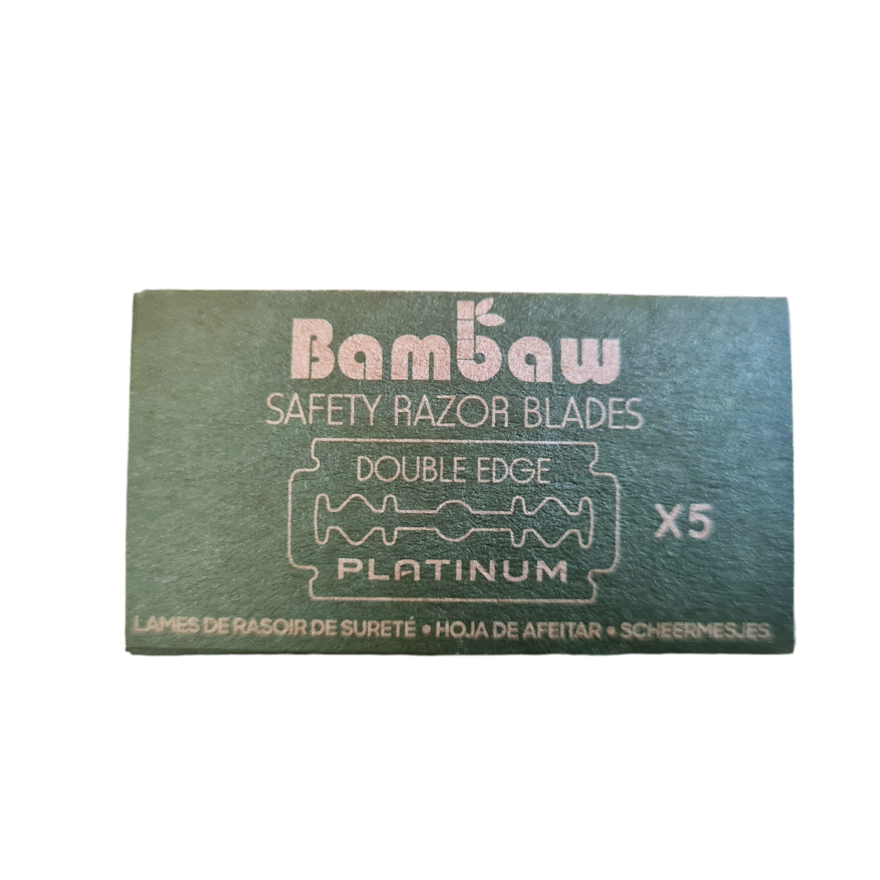 Packaging of Bambaw safety razor blades with text detailing the product name and blade count