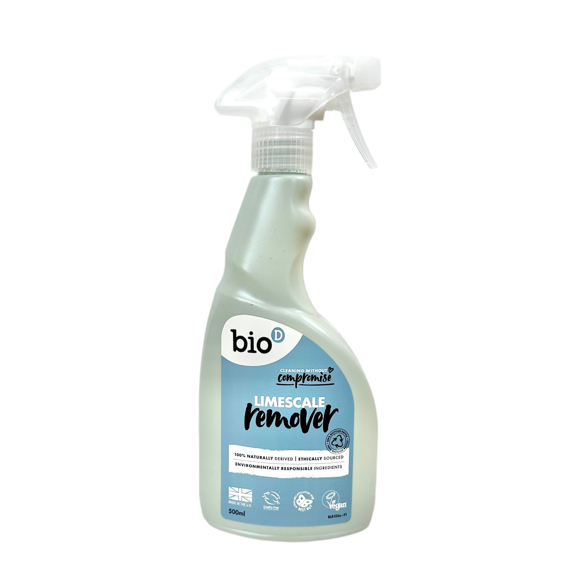 Bottle of bio-d limescale remover on a white background
