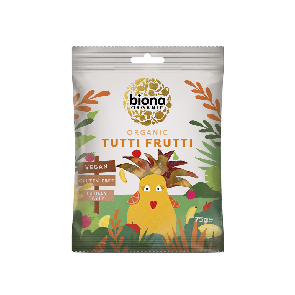 A 75g bag of Biona Organic Tutti Frutti pasta, featuring a colorful cartoon illustration of a yellow bird on a green and orange illustrated background.