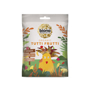 A 75g bag of Biona Organic Tutti Frutti pasta, featuring a colorful cartoon illustration of a yellow bird on a green and orange illustrated background.