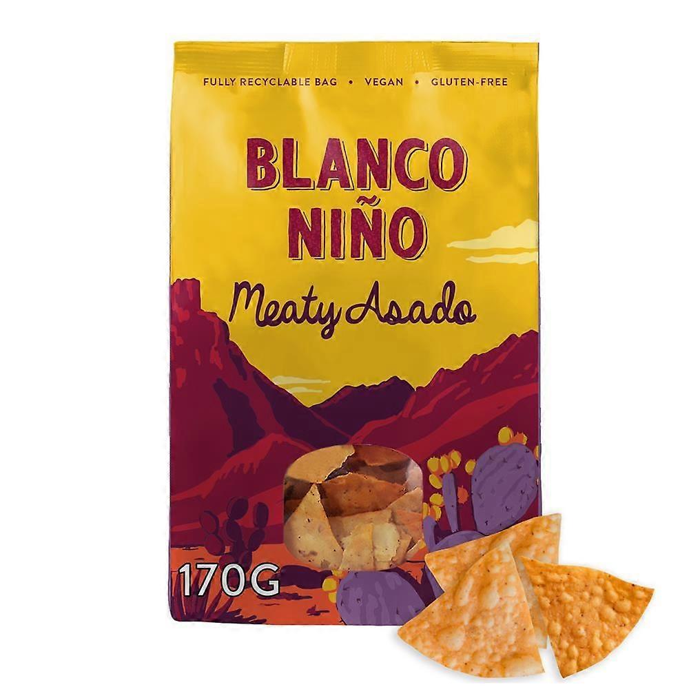 Bag of Blanco Niño Meaty Asado chips with a colorful mountain design on the packaging.