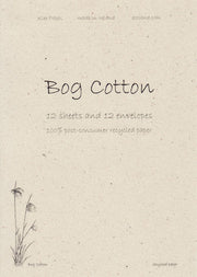 A square kraft-paper style package or cover for 'Bog Cotton' showing the text '12 Sheets and 12 envelopes' and '100% post-consumer recycled paper' on a warm beige background with a small line drawing of wild grass in the lower left.