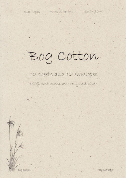 A square kraft-paper style package or cover for 'Bog Cotton' showing the text '12 Sheets and 12 envelopes' and '100% post-consumer recycled paper' on a warm beige background with a small line drawing of wild grass in the lower left.