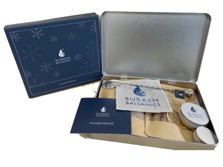 Burren Balsamics mulled wine kit with a silver tin and branded items.