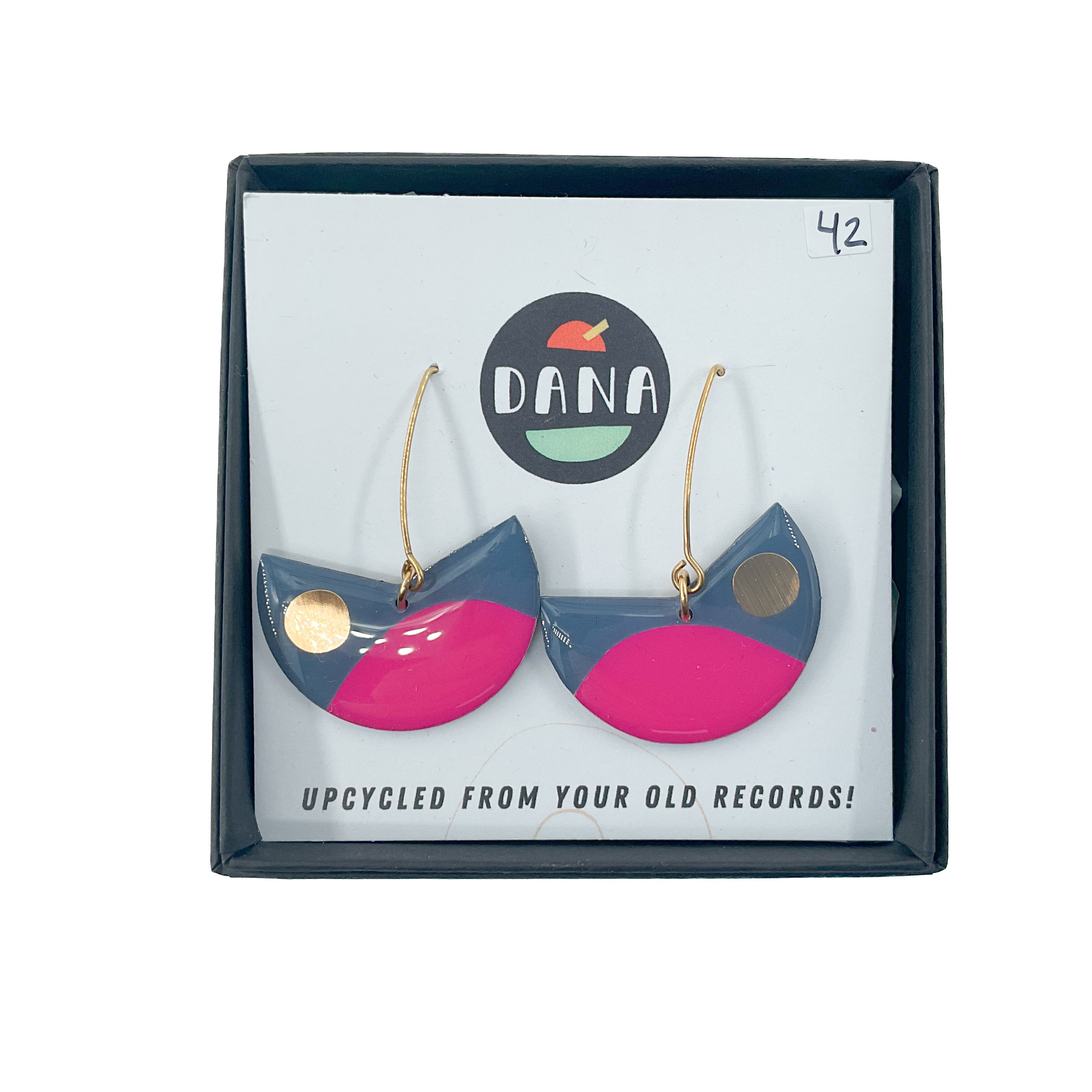 DANA Jewellery - Vinyl Record Earrings - Pacman Grey, Fuschia & Gold