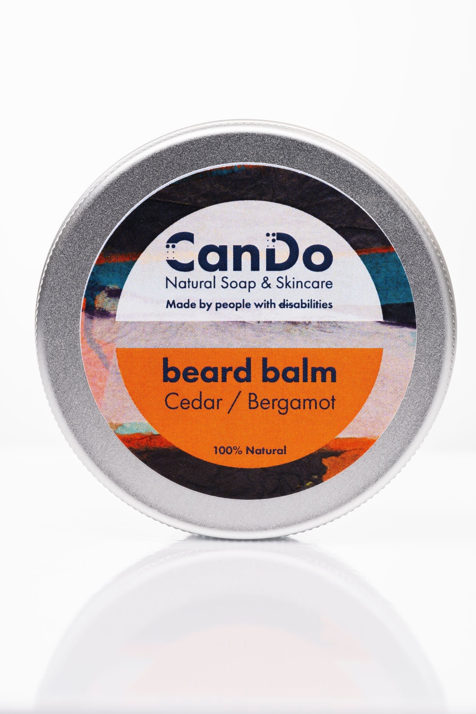 CanDo beard balm container with label on a white background