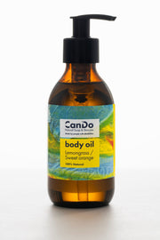 CanDo body oil bottle with label on a white background