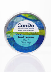 CanDo foot cream tin with blue and green label on a white background