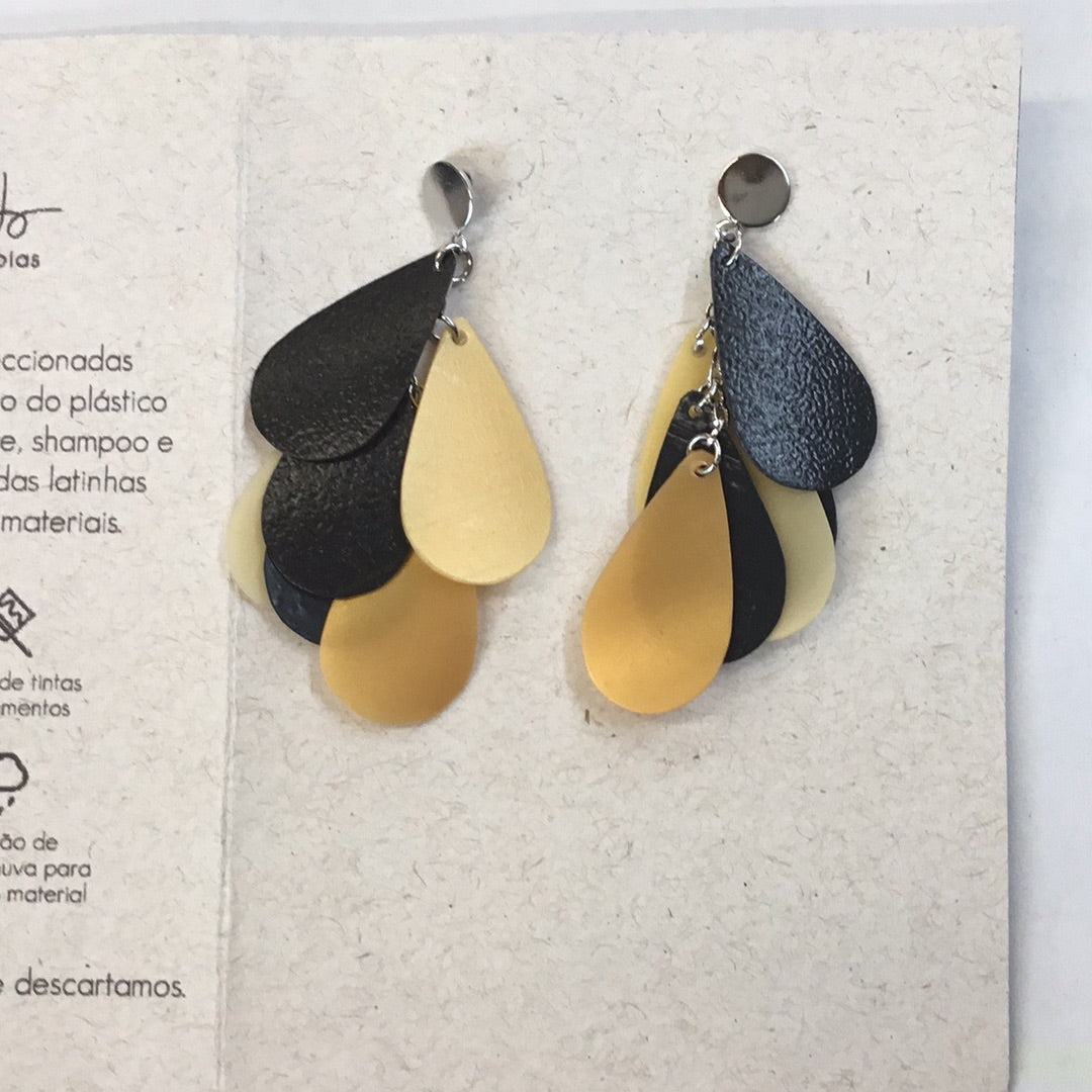 black and yellow earrings made from shampoo bottles