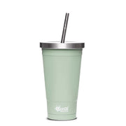 Mint green tumbler with a silver lid and black straw on a white background