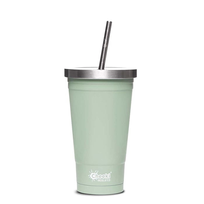 Mint green tumbler with a silver lid and black straw on a white background