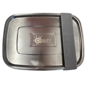 Metallic lunch box with a strap and Cheeki logo on a white background