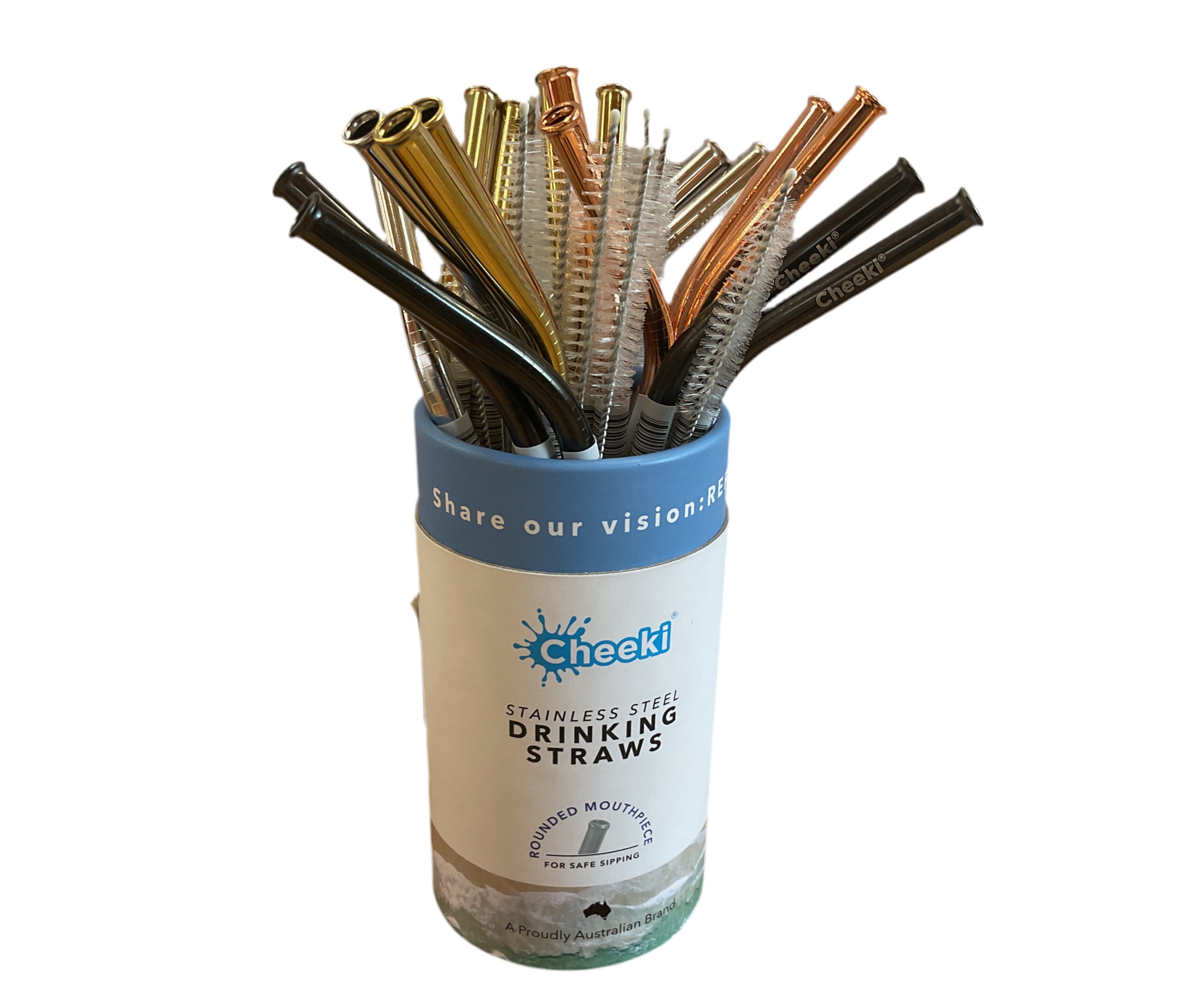 Collection of metal straws in a container with Cheeki branding on a white background
