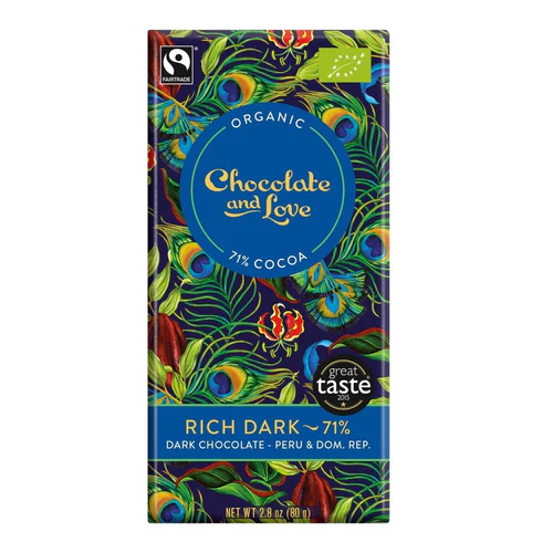 Organic Chocolate and Love chocolate bar packaging with peacock design