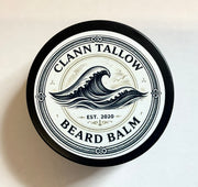 Clann Tallow beard balm container with wave design on a beige background