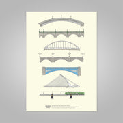 Illustration of various bridge designs on a light beige background