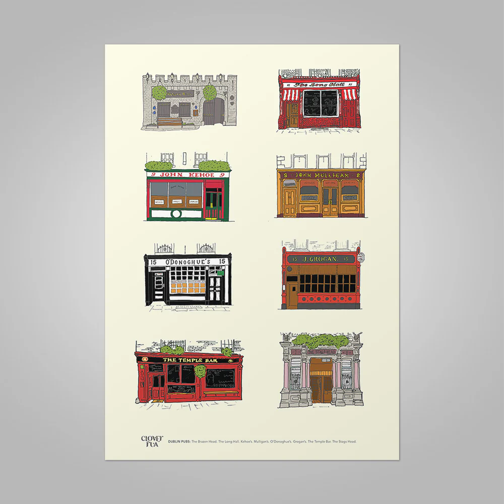 Illustrations of various pubs on a beige background