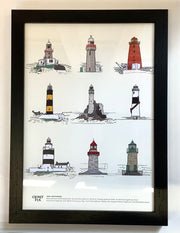Framed artwork of various lighthouses on a white background