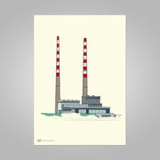 Illustration of a power plant with two tall red and white striped chimneys on a beige background.