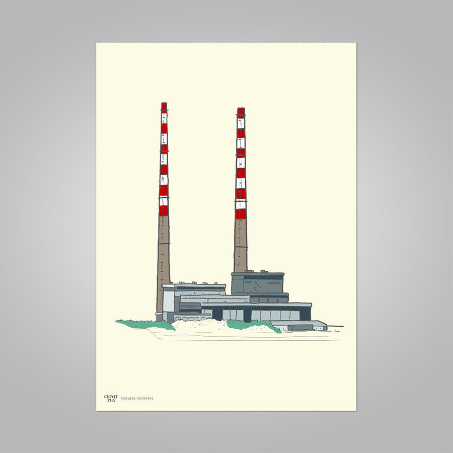 Illustration of a power plant with two tall red and white striped chimneys on a beige background.