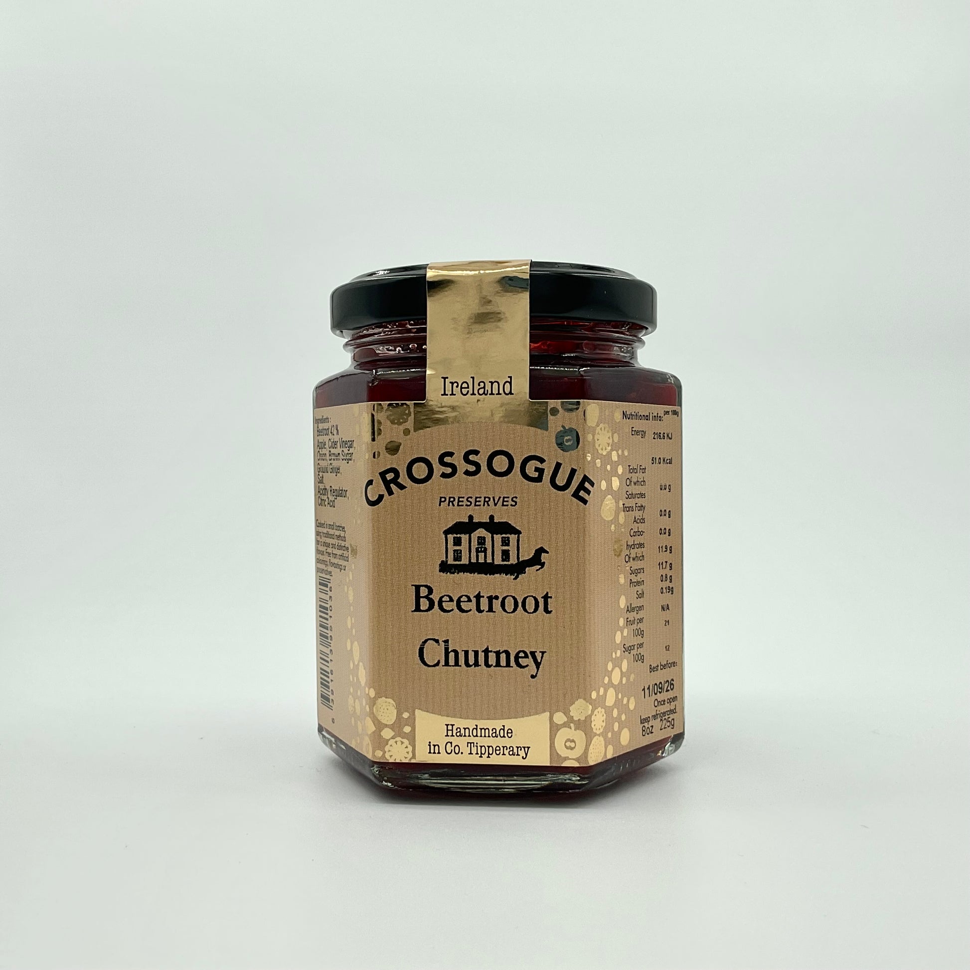 A jar of Crossogue Beetroot Chutney with a label that includes the brand name, product name, and a brief description. The jar is sealed and presented against a white background.