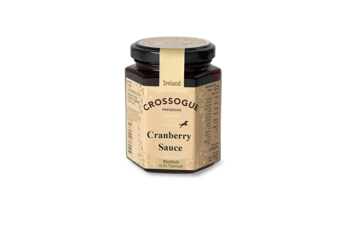 Jar of Crossogue Cranberry Sauce on a white background