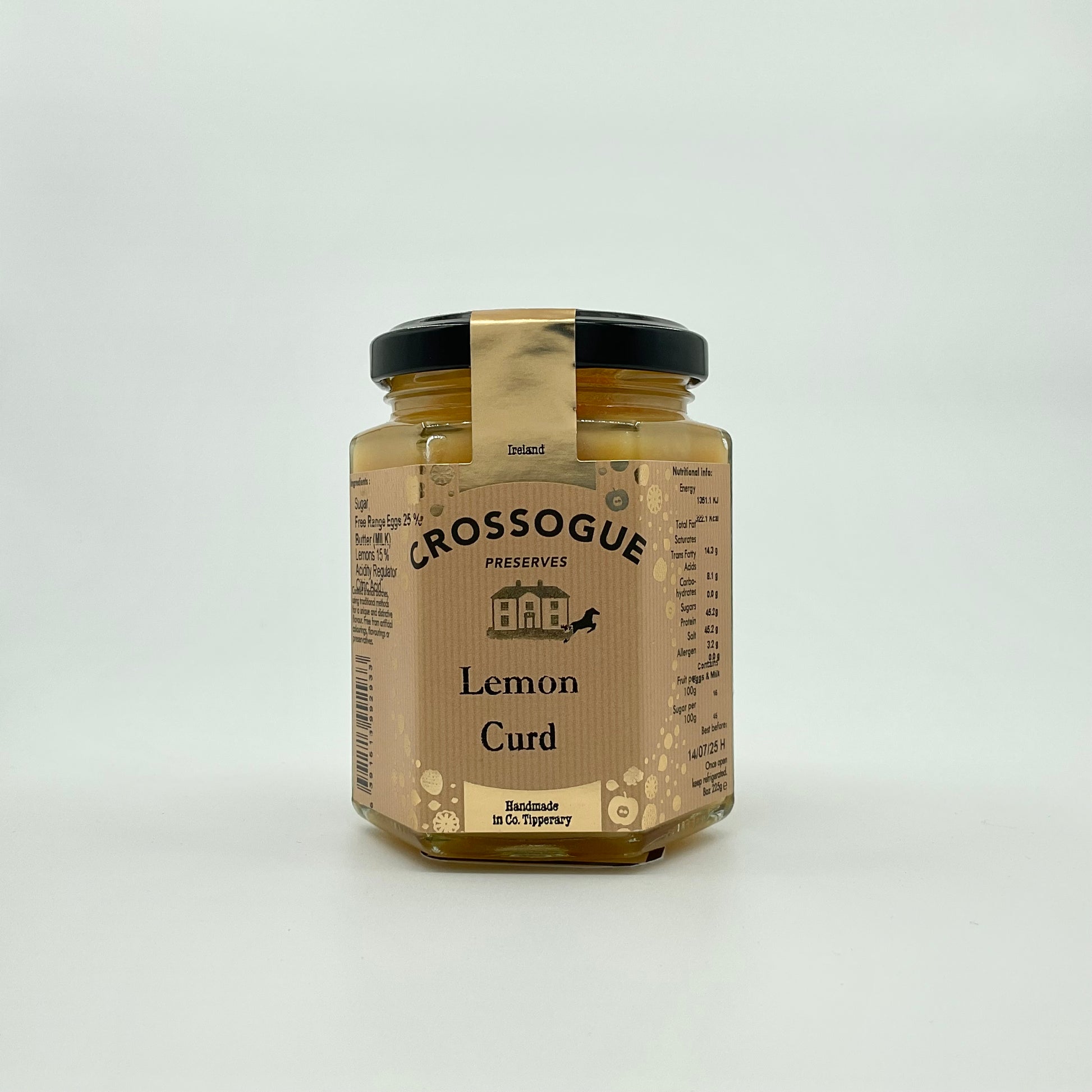 A jar of Crossogue Lemon Curd with a label that includes the product name and a brief description, set against a white background.