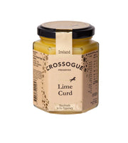 A jar of Crossoguet Lime Curd from Ireland, featuring a beige label, black lid, and yellow-green preserved contents, shown on a plain white background.