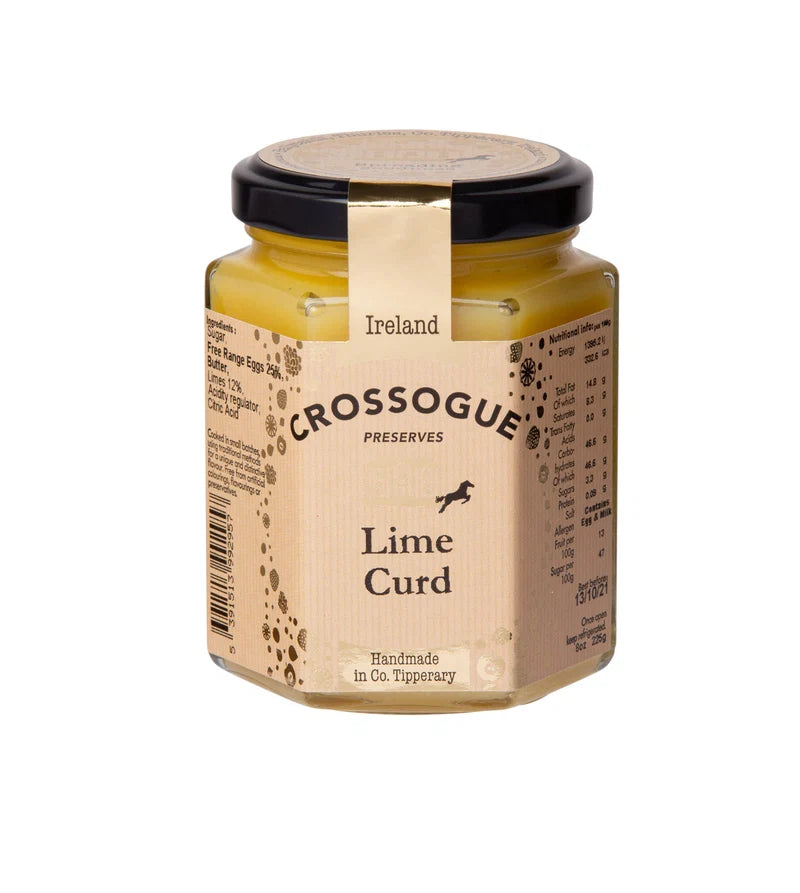 A jar of Crossoguet Lime Curd from Ireland, featuring a beige label, black lid, and yellow-green preserved contents, shown on a plain white background.