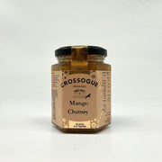 A jar of Crossogue Mango Chutney with a label that includes the product name and a description, set against a white background.