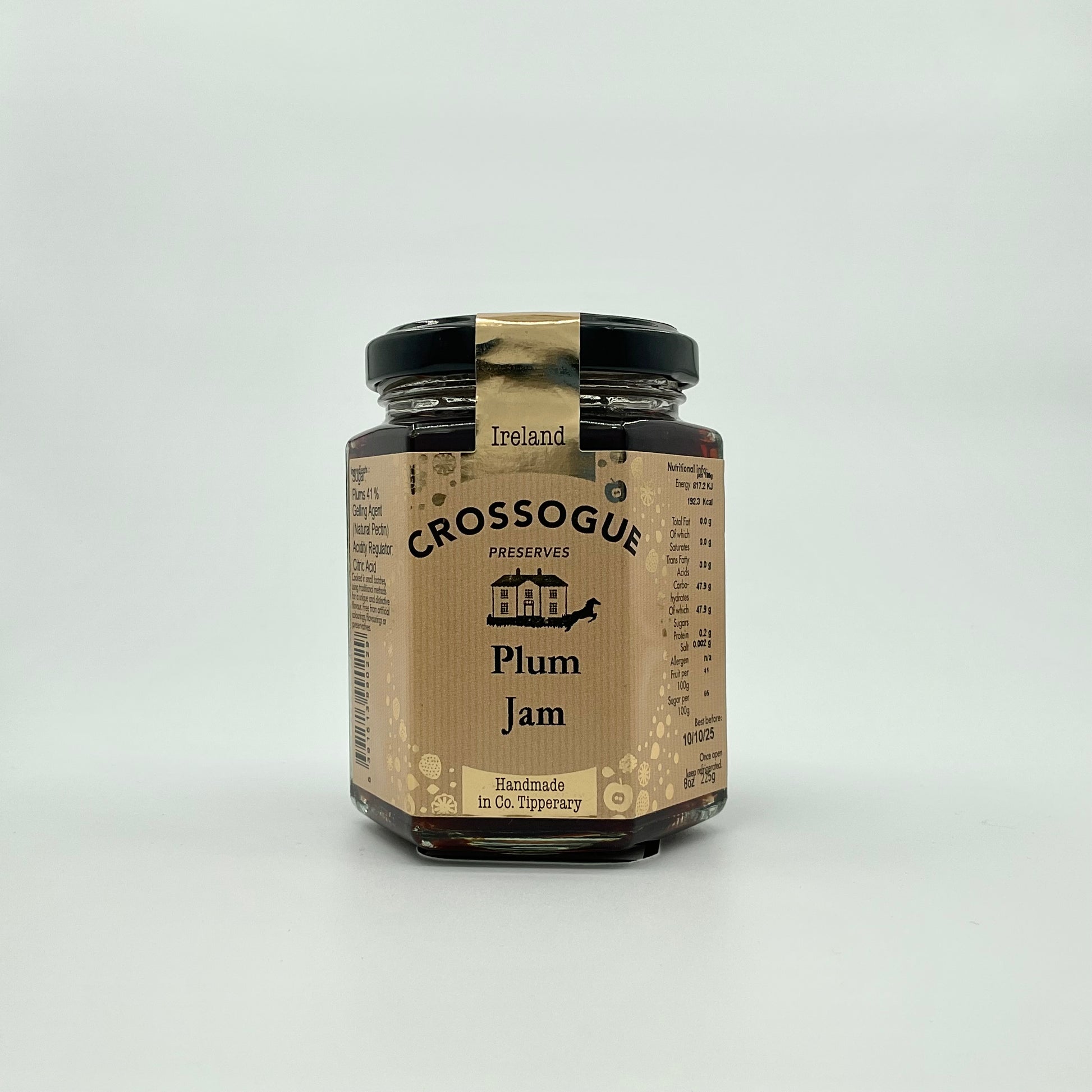 A jar of Crossogue Plum Jam with a label indicating that it is made in Ireland, weighing 225g.