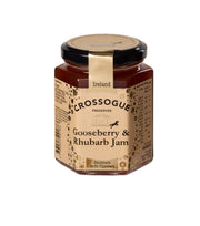 Jar of Crossogue Gooseberry & Rhubarb Jam on a white background