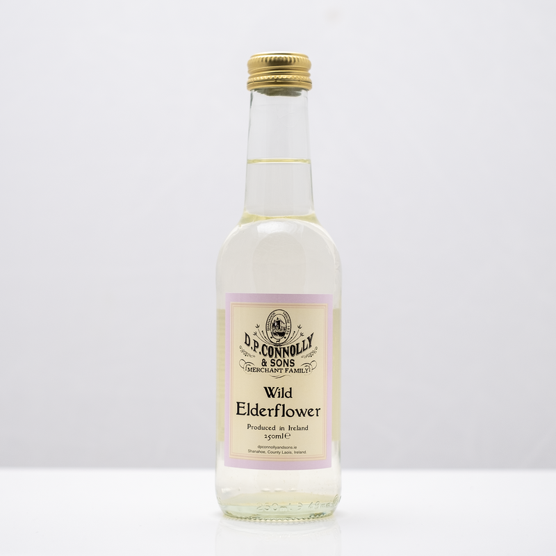 A picture of wild elderflower juice in a glass bottle from D.P Conolly