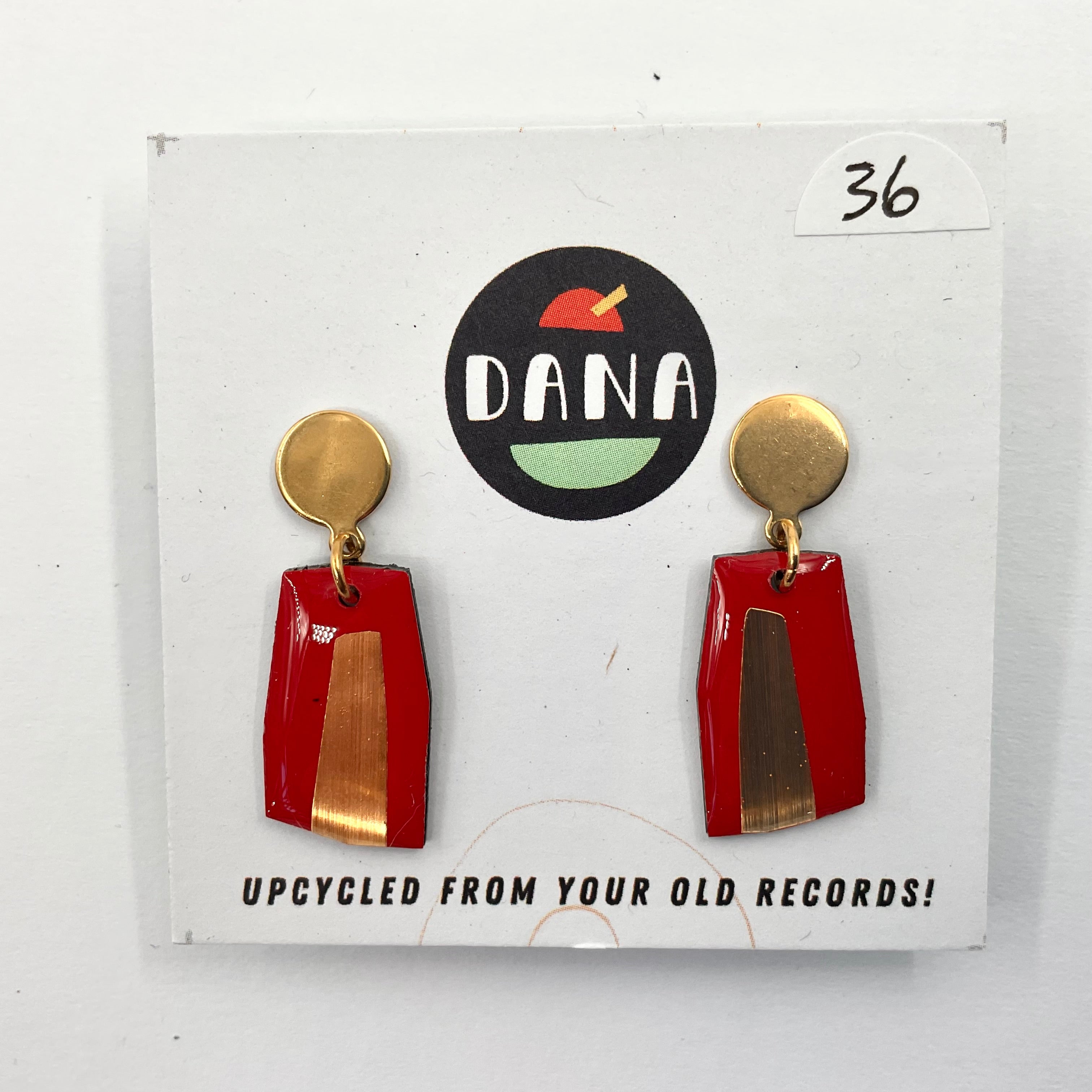 DANA Jewellery - Vinyl Record Earrings - Ella Red & Gold/Metallic