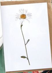 Card with a pressed daisy flower design on a green surface with stationery items.