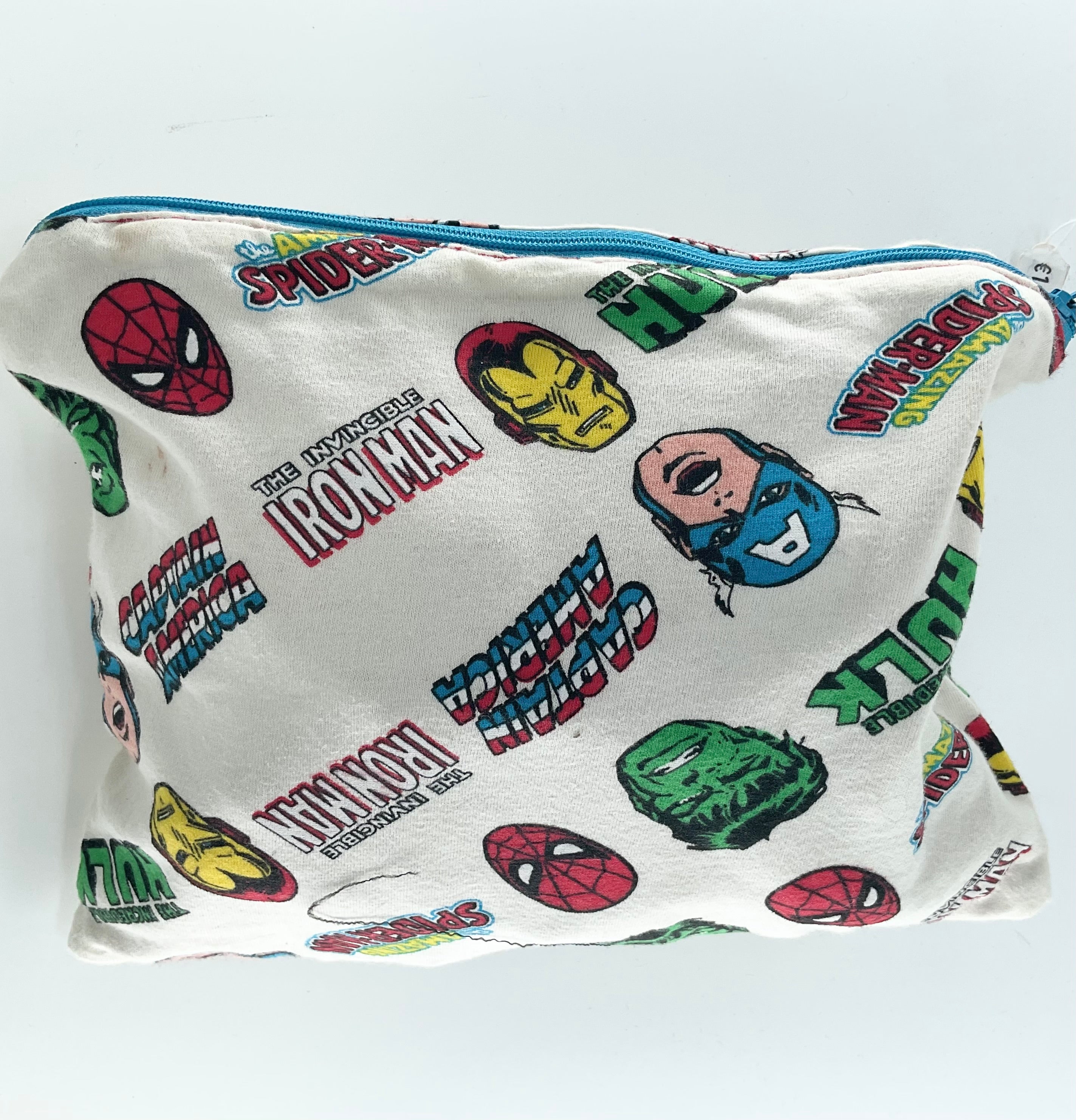 Pouch with superhero logos on a white background
