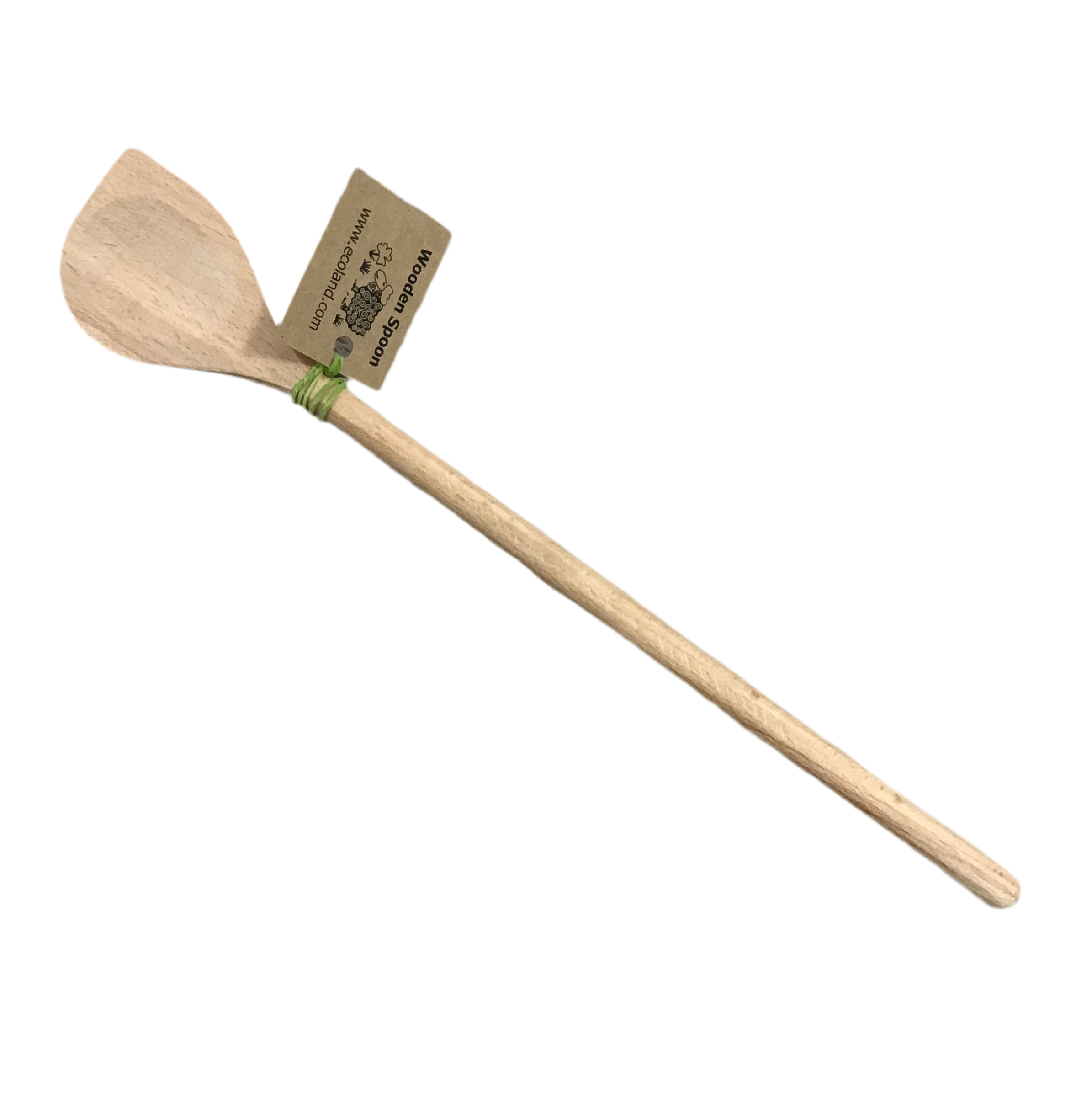 Wooden spoon with a label on a white background