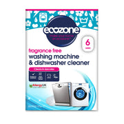 Ecozone fragrance-free washing machine and dishwasher cleaner packaging, featuring a white and blue design with illustrations of a washing machine and dishwasher, and a '6 uses' badge.