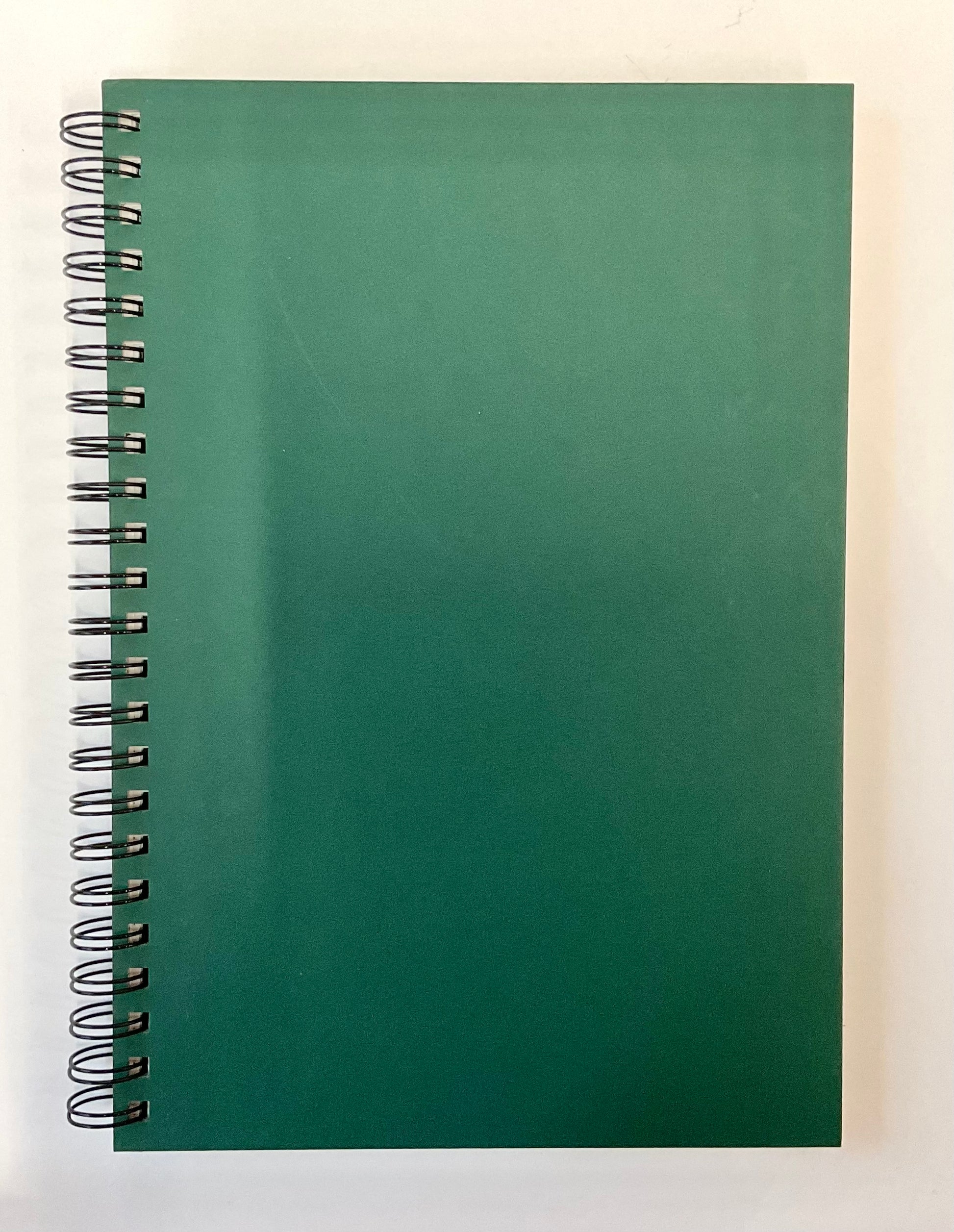 Green spiral-bound notebook on a white background