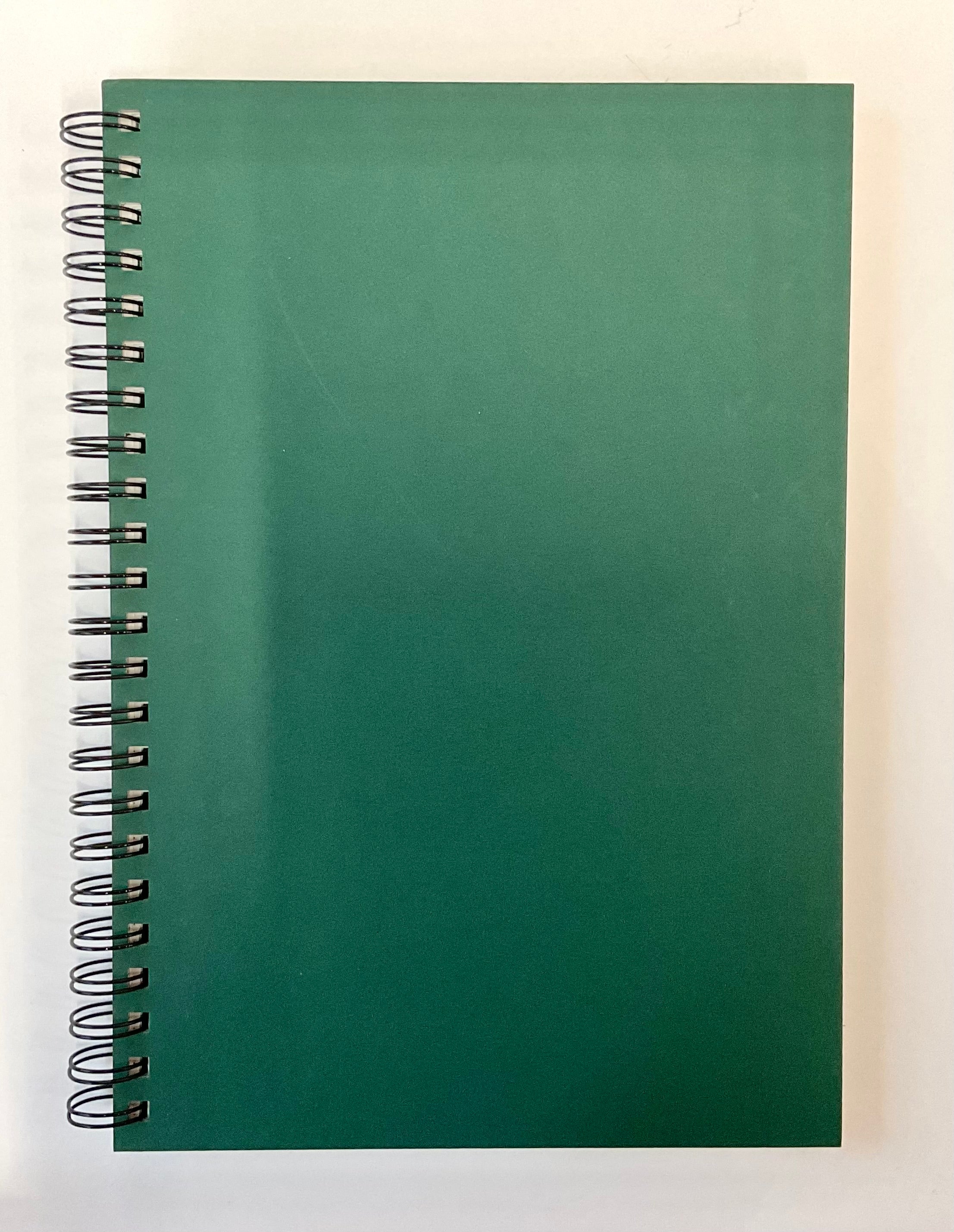 Green spiral-bound notebook on a white background